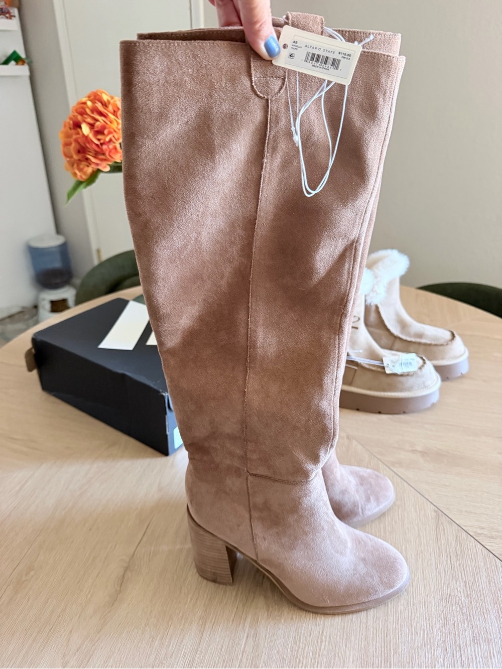 Altar'd State Taupe Suede Knee-High Block Heel Boots